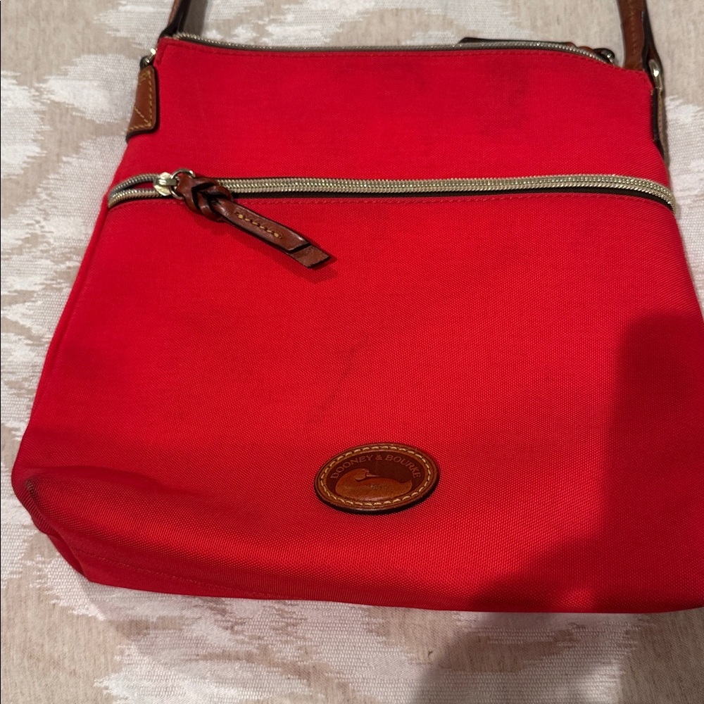 Dooney & Bourke Red and Brown leather purse;10” x 10” extra strap 33 inches; new